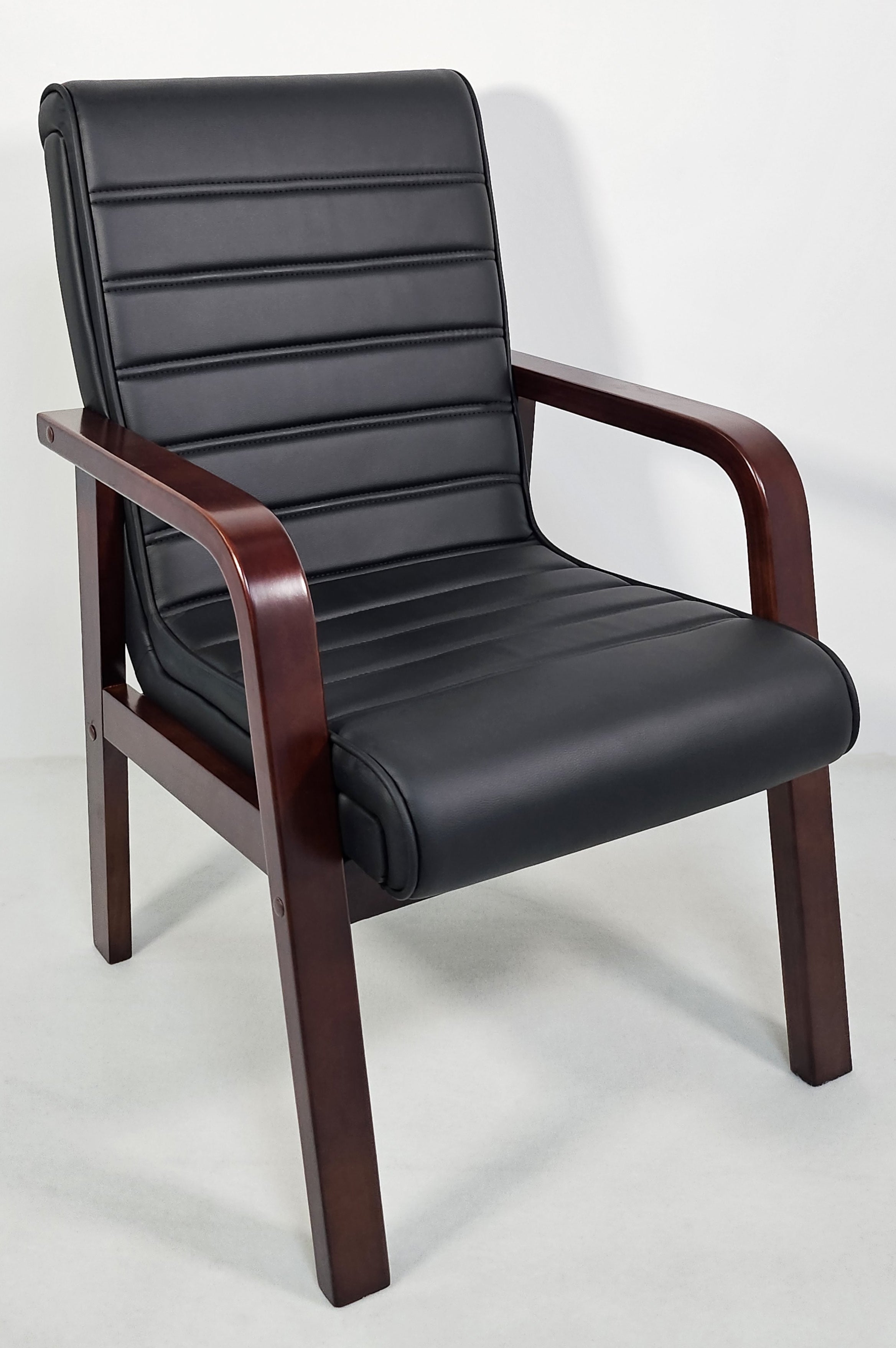 Black Leather Visitor Chair with Curved Walnut Arms - C050-1